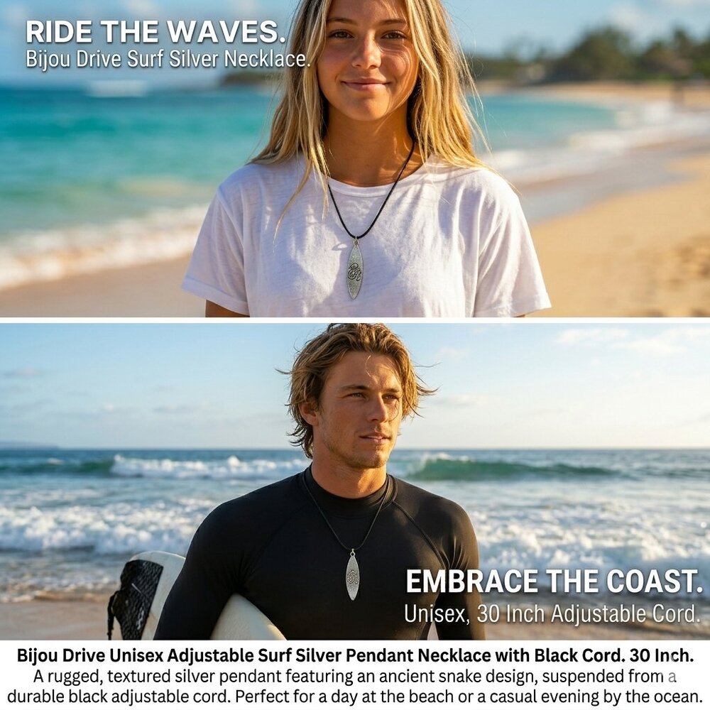 2 PCS Bijou drive unisex adjustable surf silver pendant necklace with bl…
